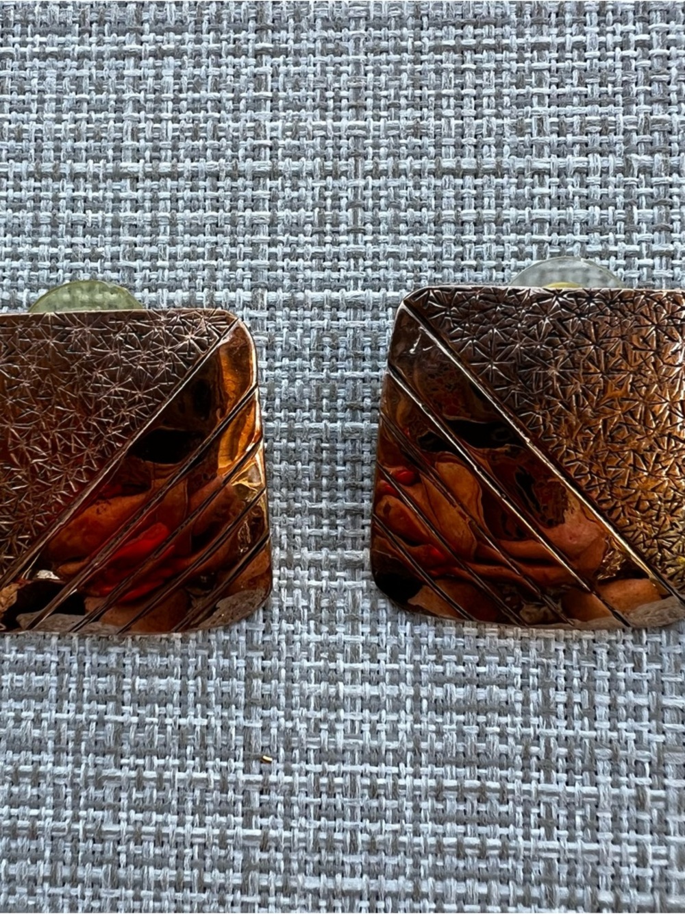 Handcrafted In 1989 Signed By The Artist Square Art Deco Copper Pierced Earrings - Picture 2 of 6